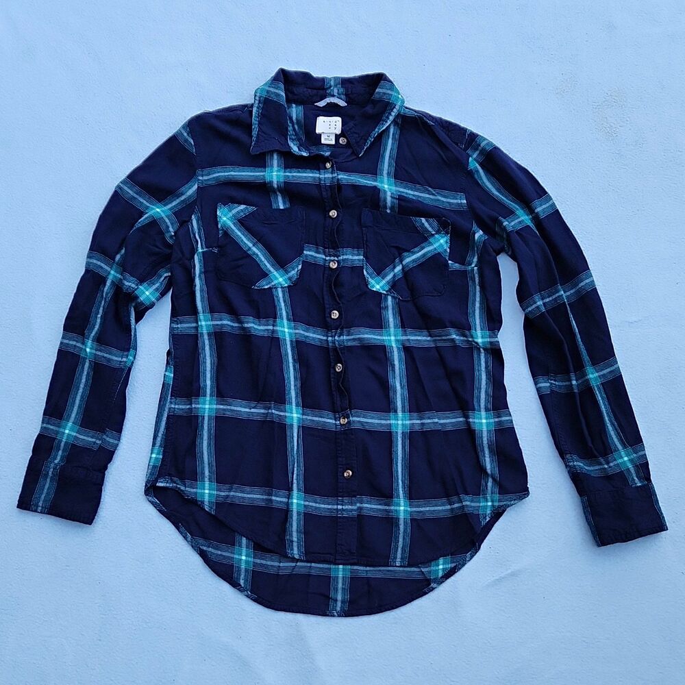 A New Day Women M Navy Blue Teal Plaid Button Down Flannel Shirt High Low Y2k